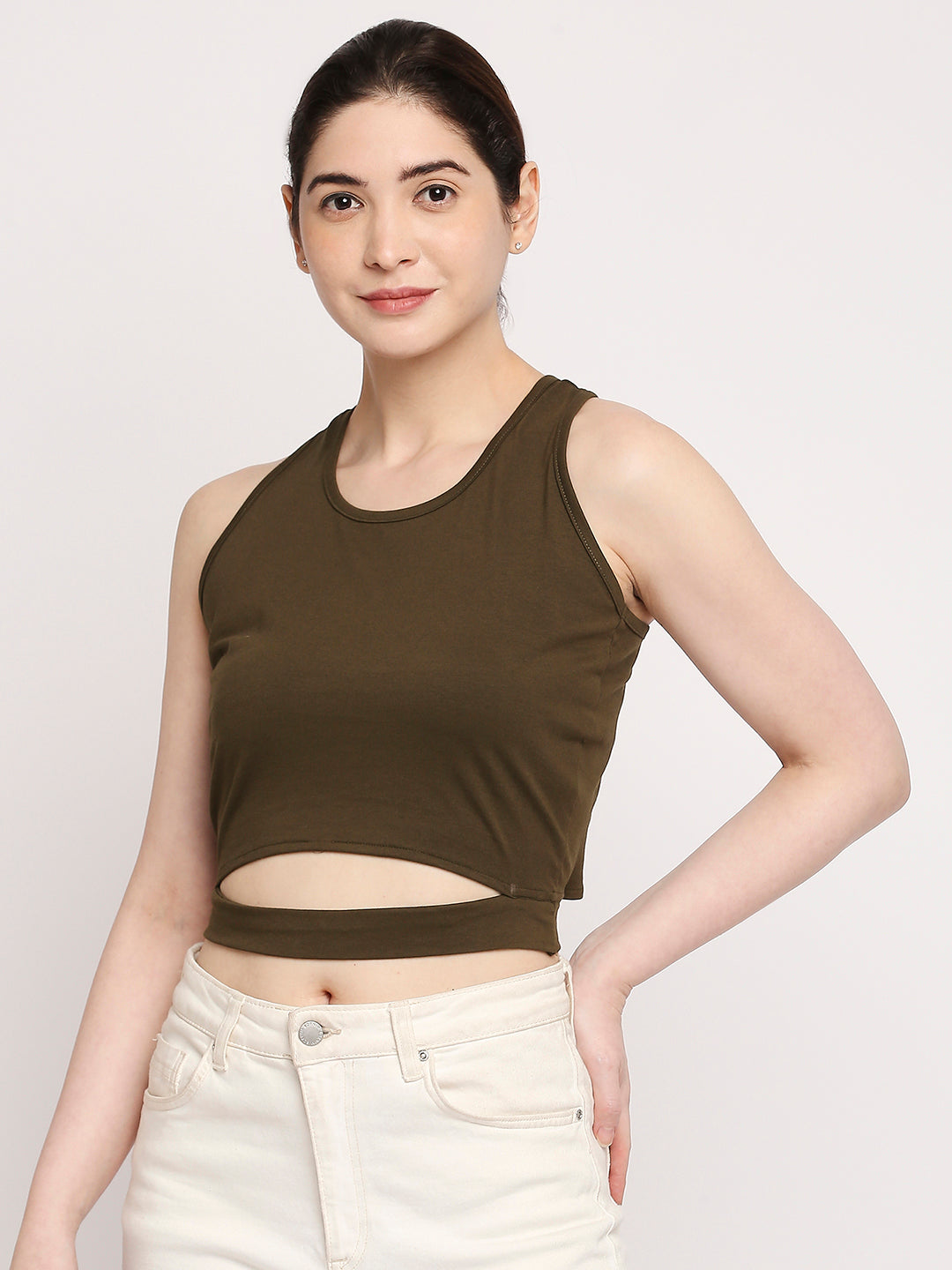 Autumn Hues Women Olive Green Solid Cotton Crop Top With Fixed Belt