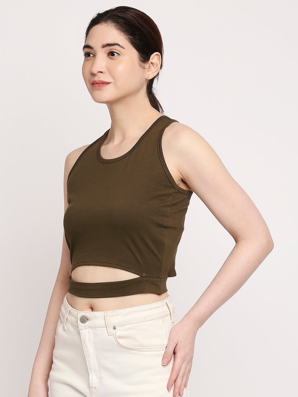 Autumn Hues Women Olive Green Solid Cotton Crop Top With Fixed Belt