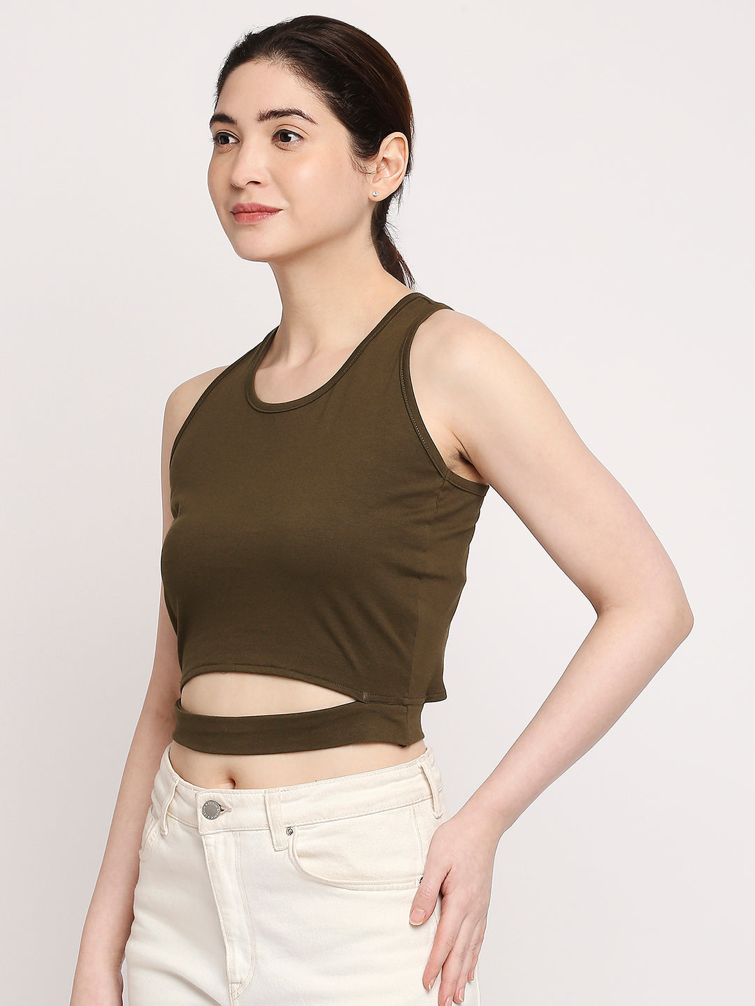 Autumn Hues Women Olive Green Solid Cotton Crop Top With Fixed Belt