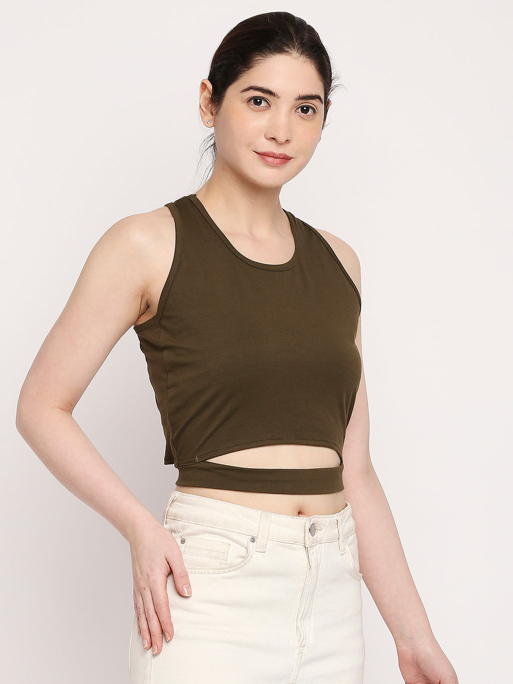 Autumn Hues Women Olive Green Solid Cotton Crop Top With Fixed Belt