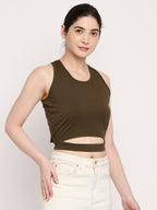 Autumn Hues Women Olive Green Solid Cotton Crop Top With Fixed Belt