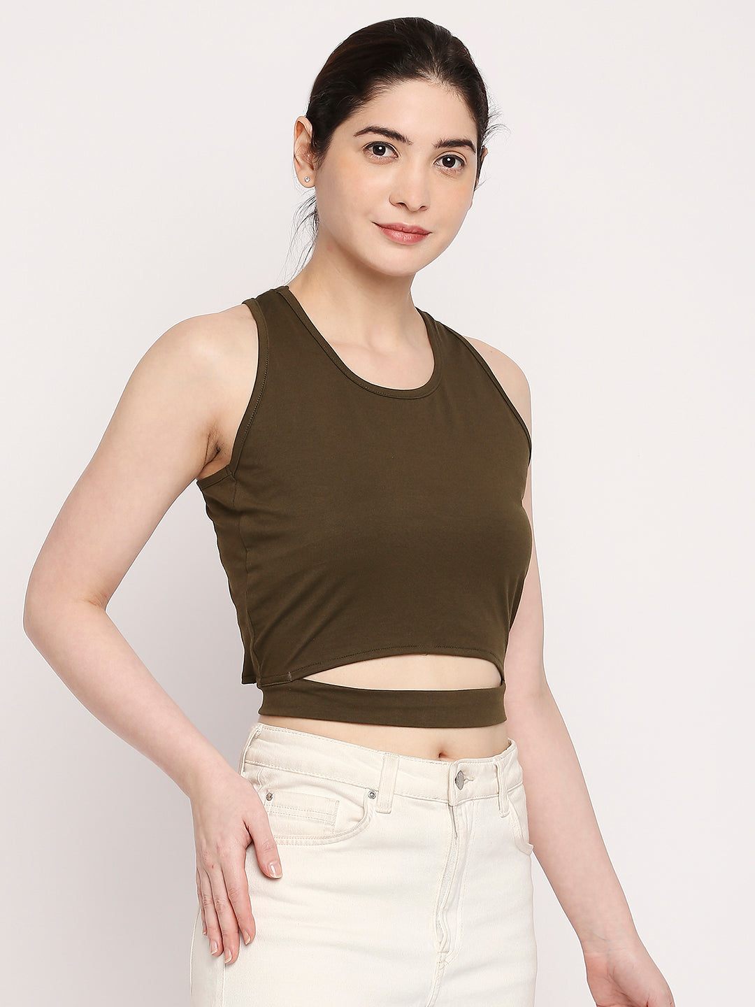 Autumn Hues Women Olive Green Solid Cotton Crop Top With Fixed Belt