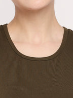 Autumn Hues Women Olive Green Solid Cotton Crop Top With Fixed Belt