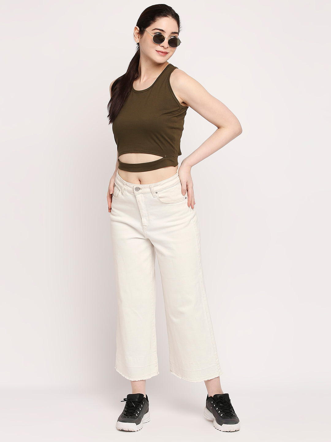 Autumn Hues Women Olive Green Solid Cotton Crop Top With Fixed Belt
