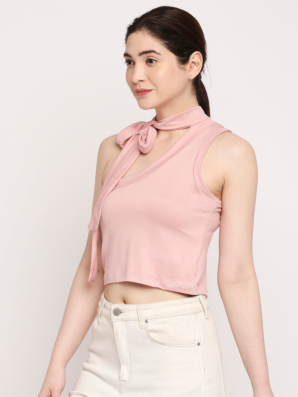 Autumn Hues Tie-Up Neck Cotton Fitted Crop Top