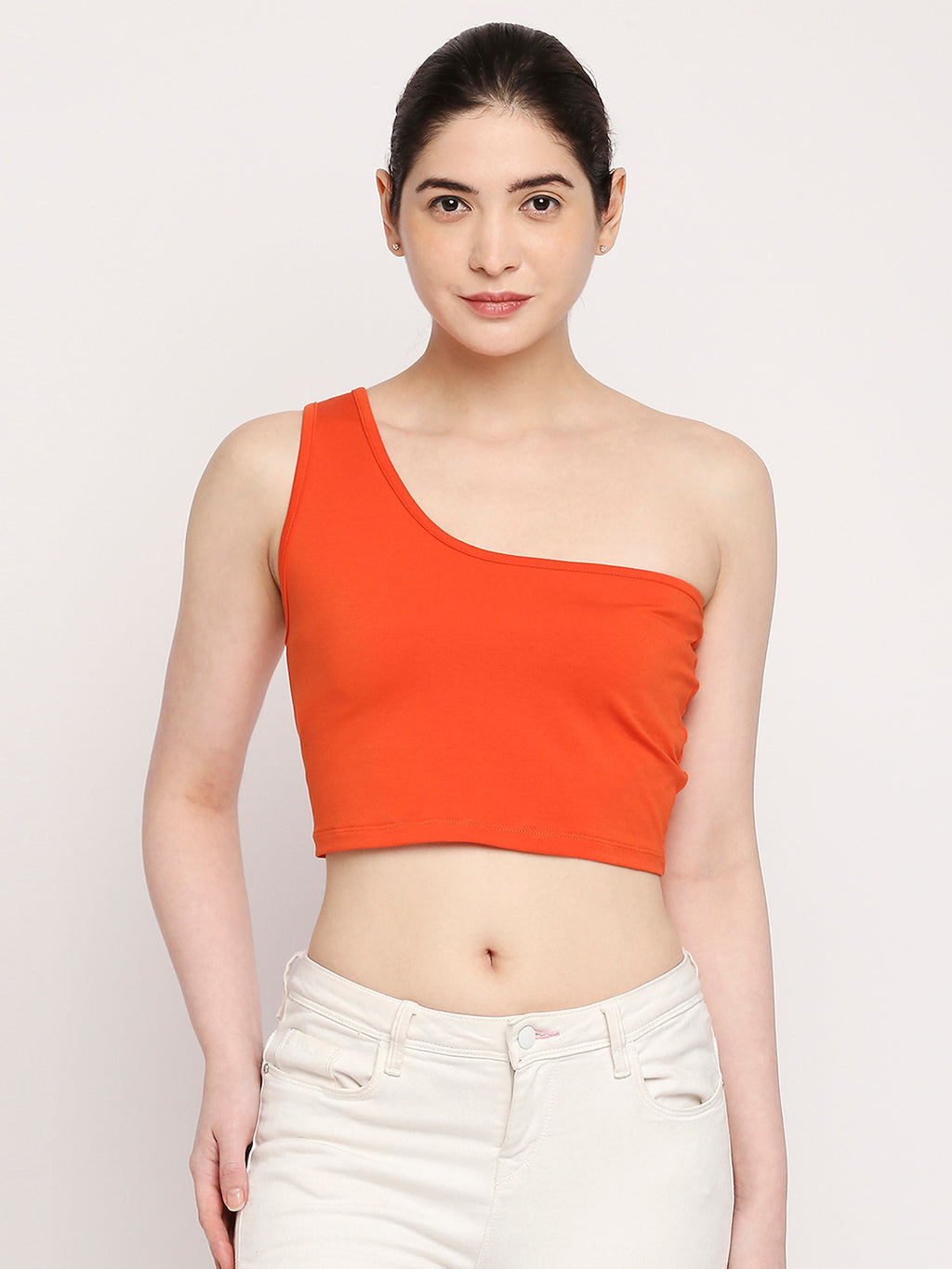 Autumn Hues Women Orange One Shoulder Pure Cotton Crop Top
