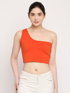 Autumn Hues Women Orange One Shoulder Pure Cotton Crop Top