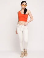 Autumn Hues Women Orange One Shoulder Pure Cotton Crop Top