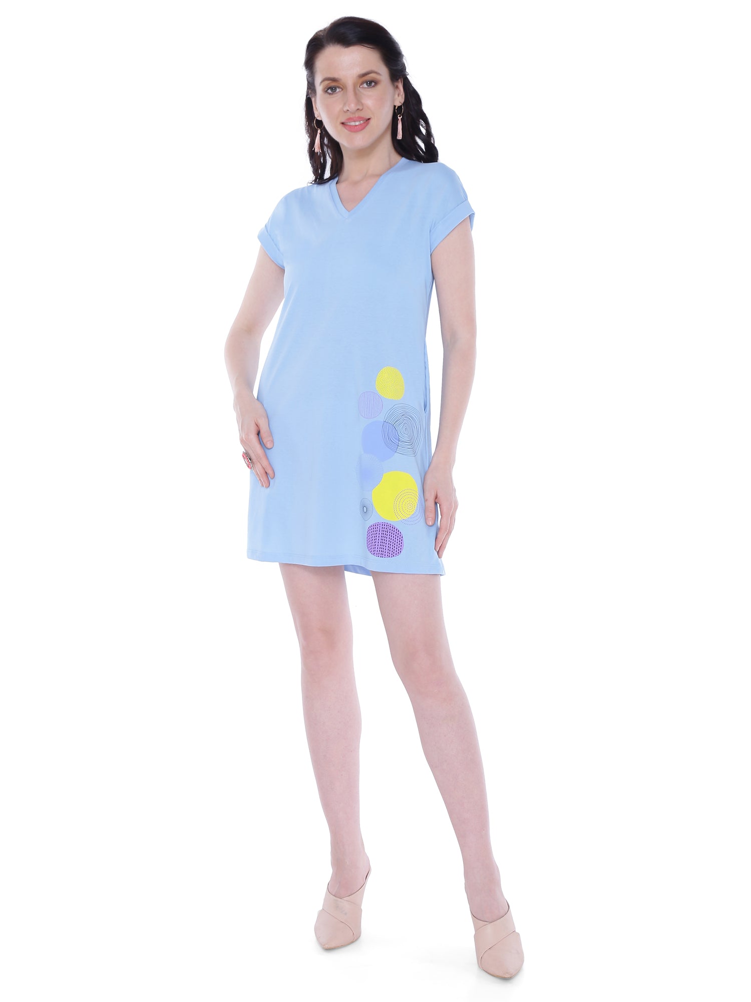 Autumn Hues Cotton V-Neck Short Sleeves Casual T-shirt Dress