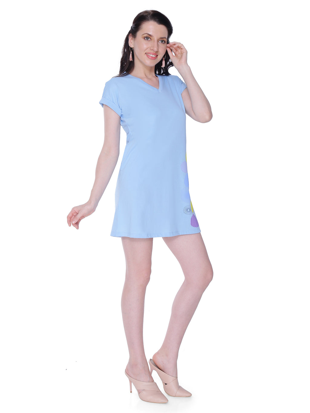 Autumn Hues Cotton V-Neck Short Sleeves Casual T-shirt Dress