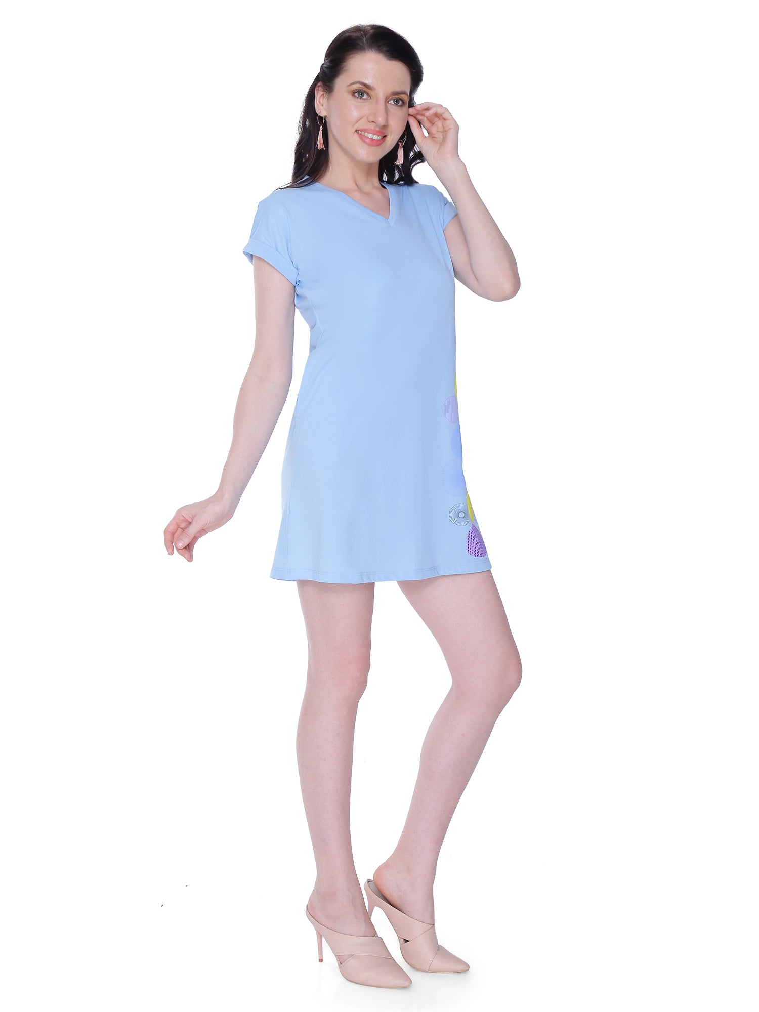 Autumn Hues Cotton V-Neck Short Sleeves Casual T-shirt Dress