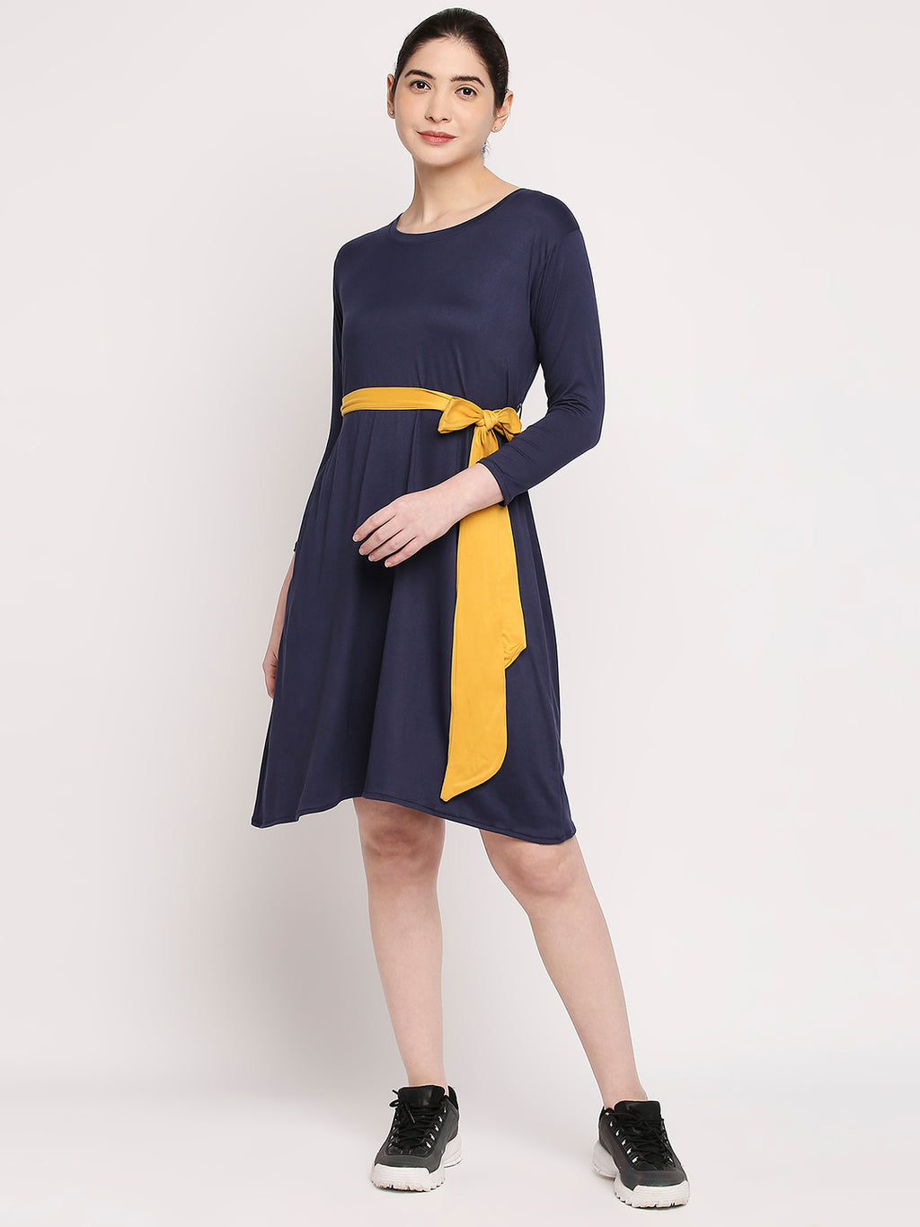 Autumn Hues Blue A-Line Solid Dress With Belt