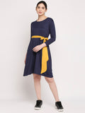 Autumn Hues Blue A-Line Solid Dress With Belt