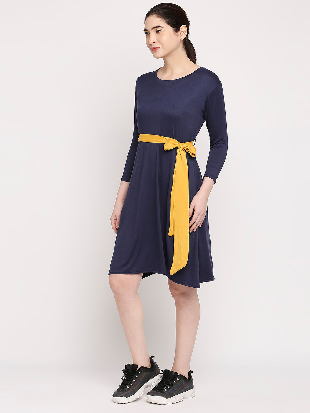 Autumn Hues Blue A-Line Solid Dress With Belt