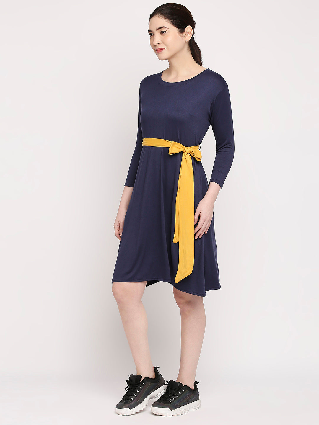 Autumn Hues Blue A-Line Solid Dress With Belt