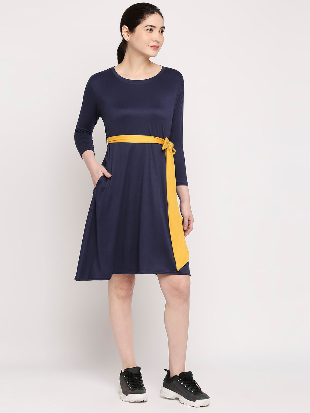 Autumn Hues Blue A-Line Solid Dress With Belt