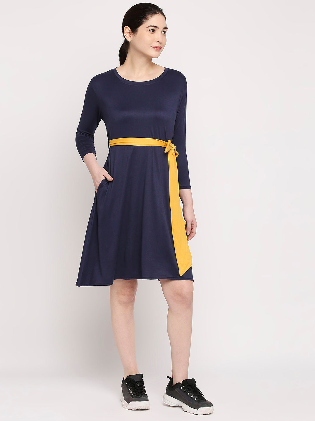 Autumn Hues Blue A-Line Solid Dress With Belt