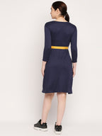 Autumn Hues Blue A-Line Solid Dress With Belt