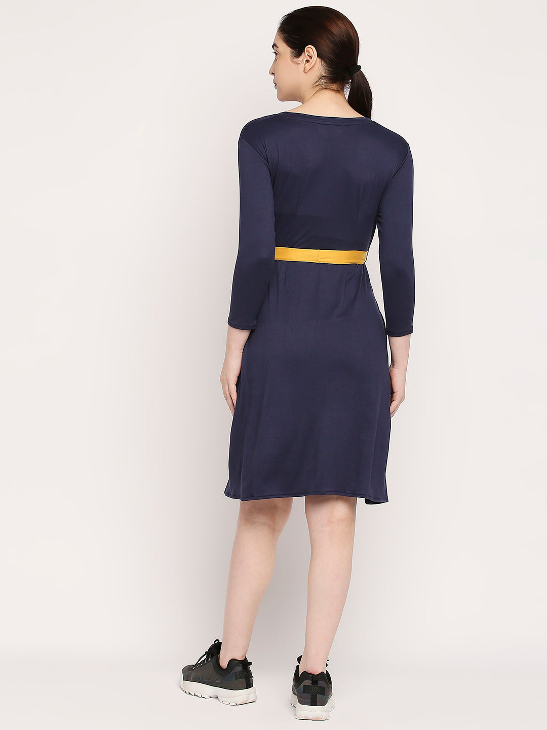 Autumn Hues Blue A-Line Solid Dress With Belt