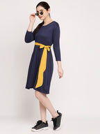 Autumn Hues Blue A-Line Solid Dress With Belt