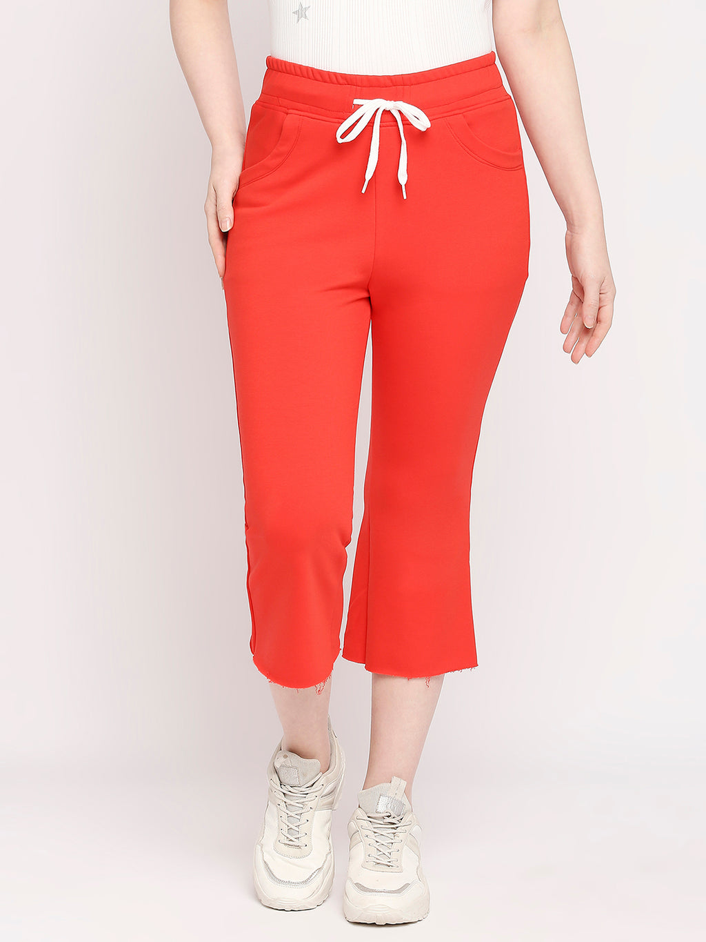 Autumn Hues Women Red Solid Cotton Bell Bottom Track Pants