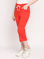 Autumn Hues Women Red Solid Cotton Bell Bottom Track Pants