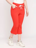 Autumn Hues Women Red Solid Cotton Bell Bottom Track Pants