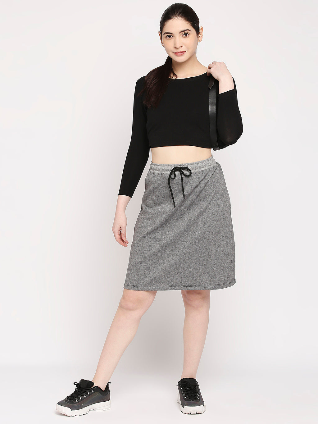 Autumn Hues Women Grey Solid Knee Length Cotton Blend A-Line Skirt