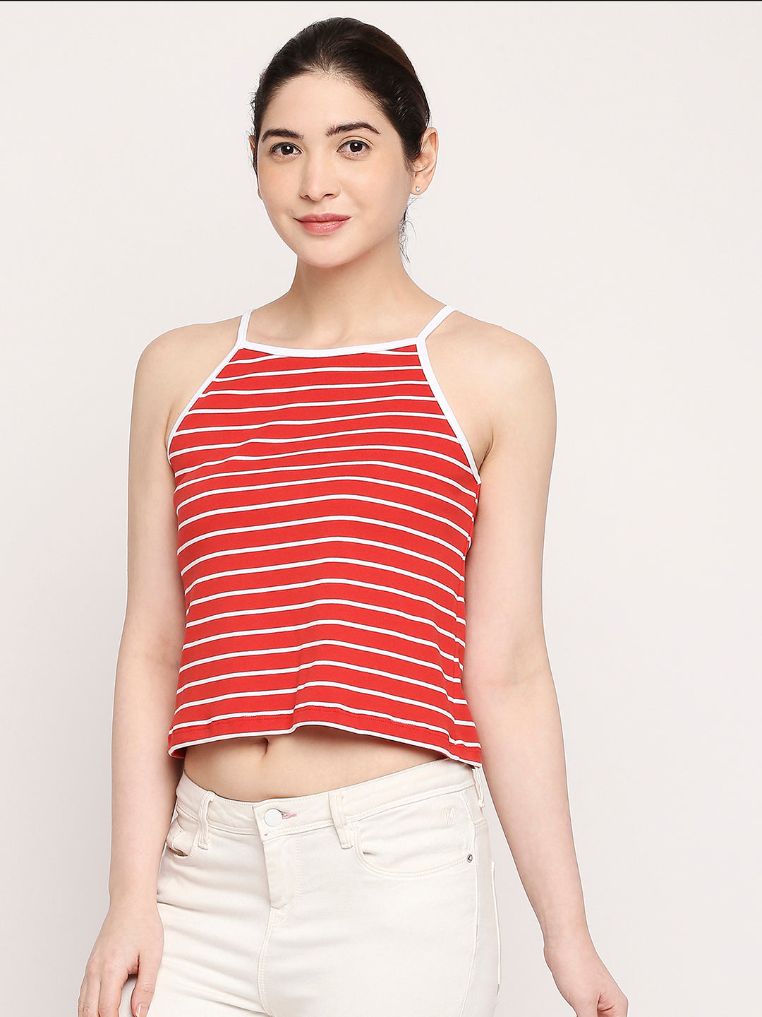 Autumn Hues Women Red Striped Crop Top