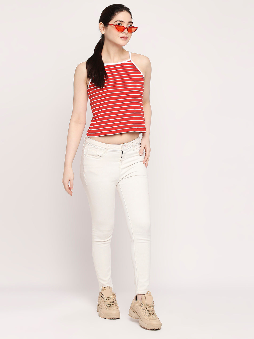 Autumn Hues Women Red Striped Crop Top