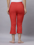 Autumn Hues Red Cotton Knit Bell Bottom Pants With 2 Pockets And Elasticated Waist