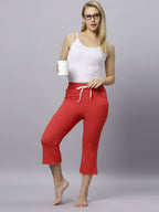 Autumn Hues Red Cotton Knit Bell Bottom Pants With 2 Pockets And Elasticated Waist