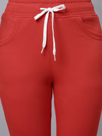 Autumn Hues Red Cotton Knit Bell Bottom Pants With 2 Pockets And Elasticated Waist