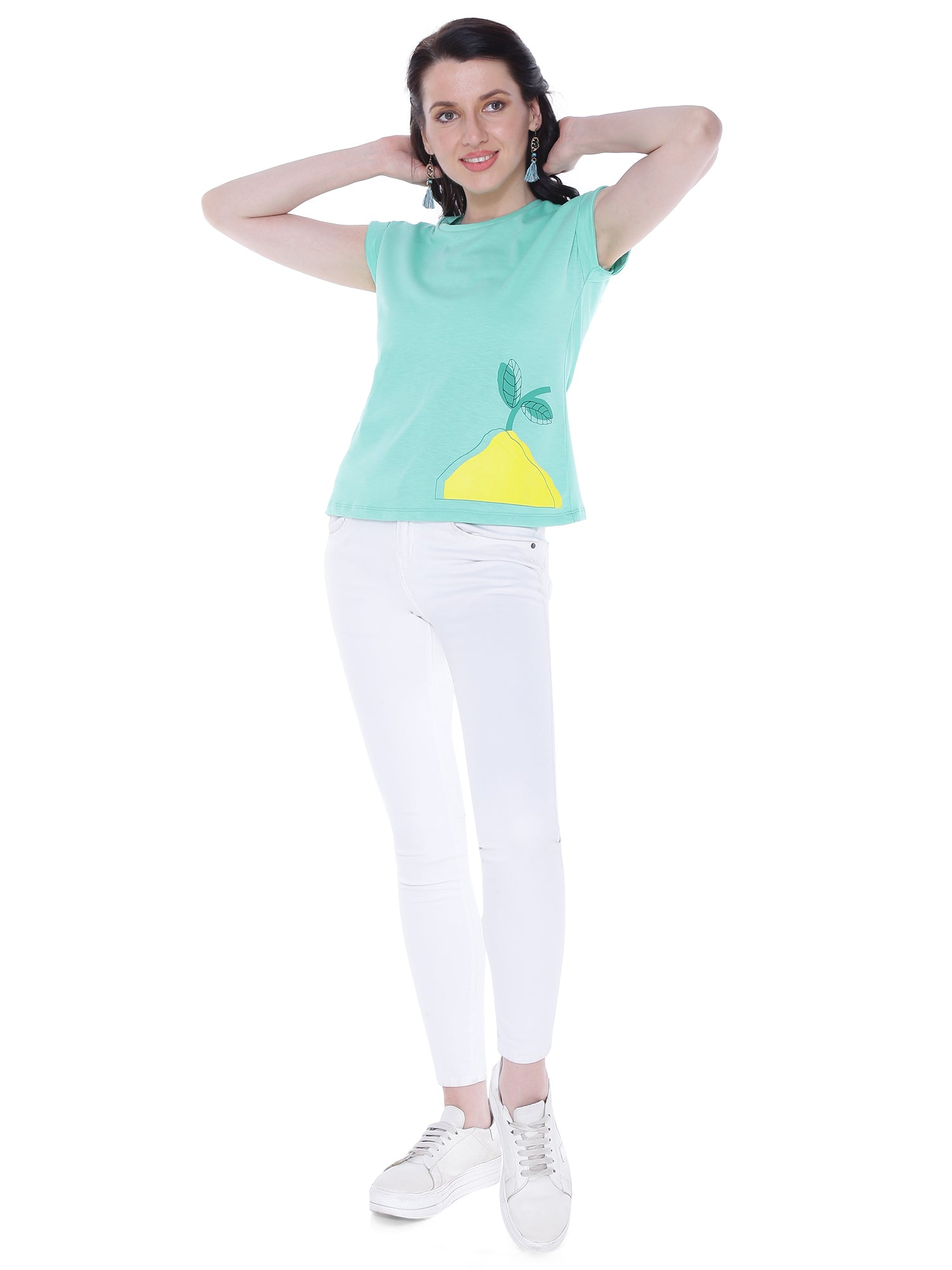 Autumn Hues Women Green Printed Extended Sleeves Cotton  T-shirt