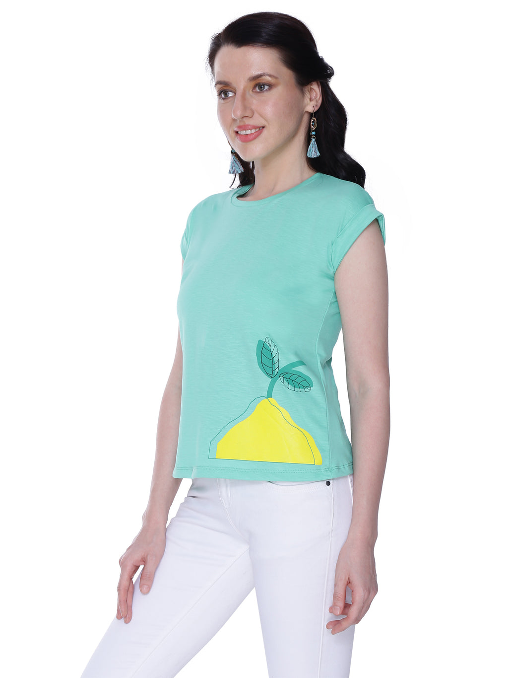 Autumn Hues Women Green Printed Extended Sleeves Cotton  T-shirt