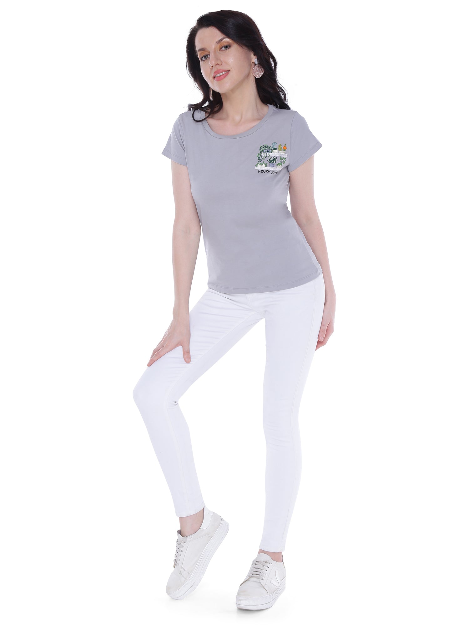 Autumn Hues Women Grey Cotton T-shirt