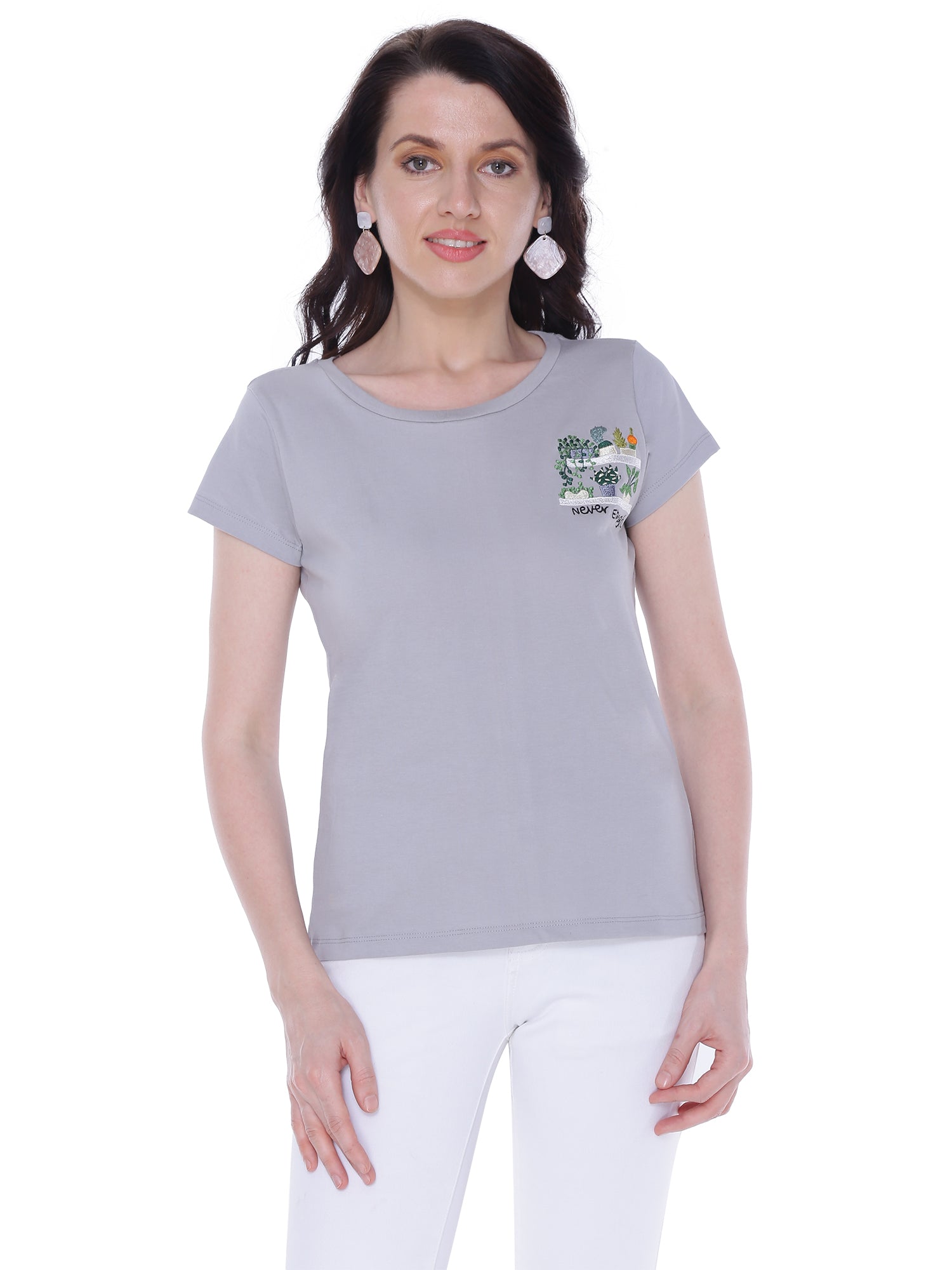 Autumn Hues Women Grey Cotton T-shirt