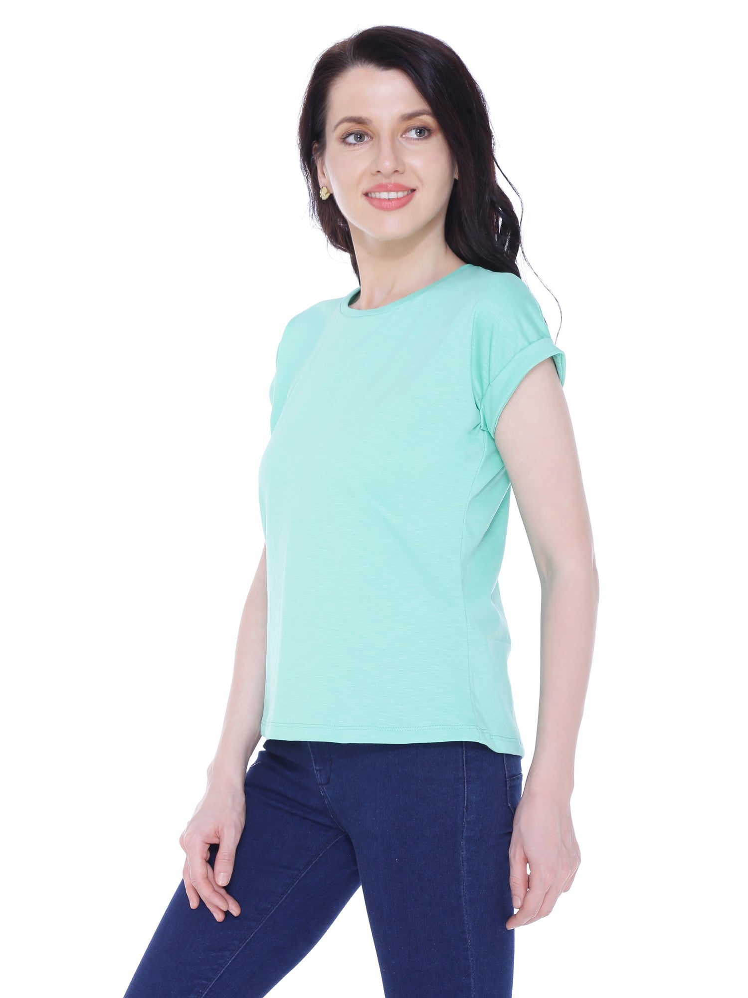 Autumn Hues Women Sea Green Extended Sleeves Cotton T-shirt