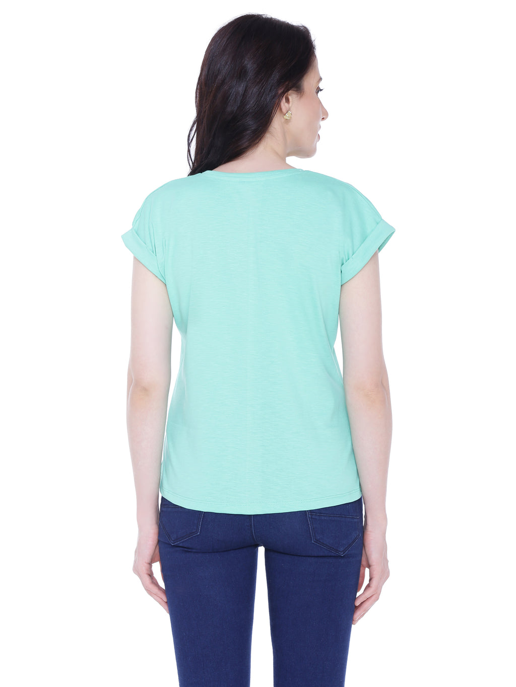 Autumn Hues Women Sea Green Extended Sleeves Cotton T-shirt