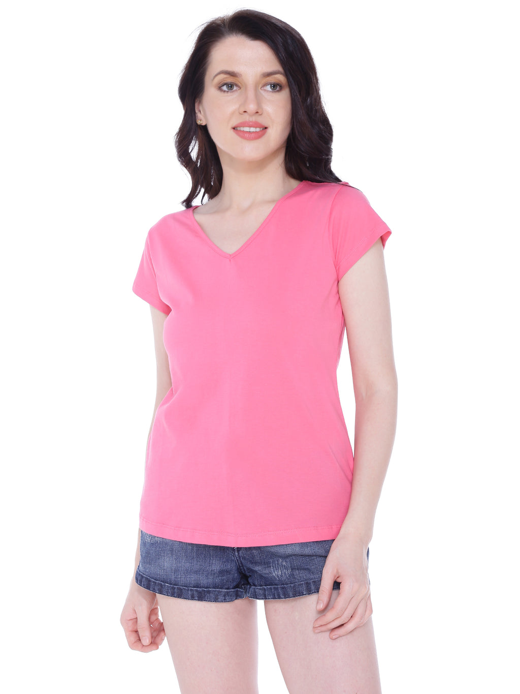 Autumn Hues Women Pink V-Neck Cotton T-shirt