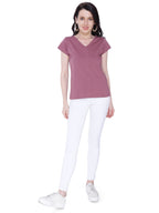 Autumn Hues Women Mauve V-Neck Cotton T-shirt