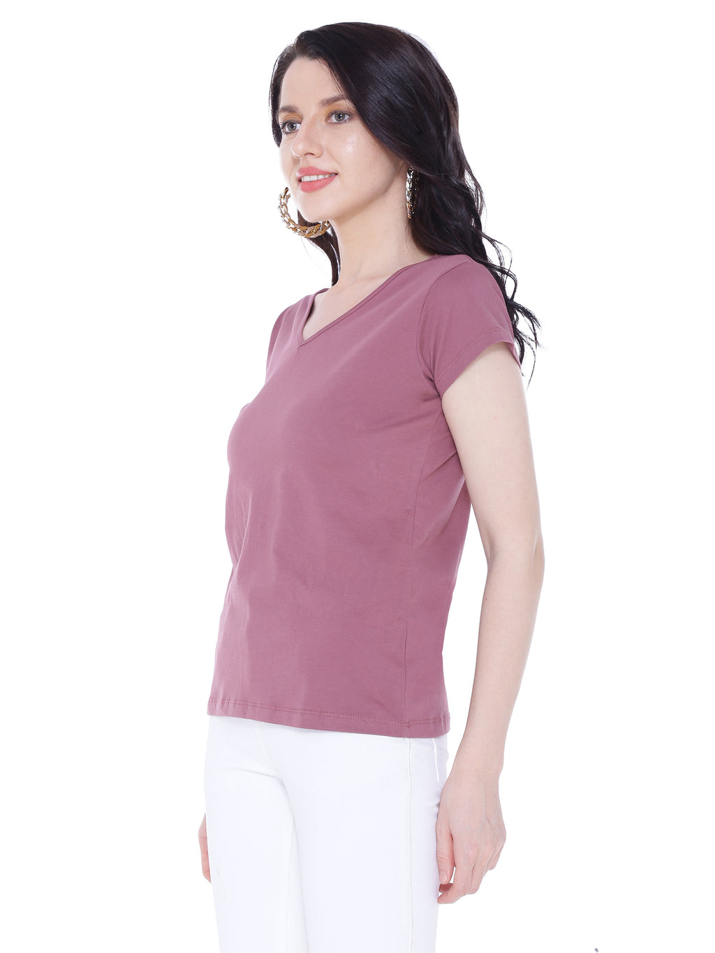 Autumn Hues Women Mauve V-Neck Cotton T-shirt