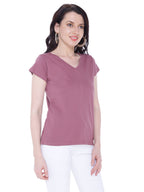 Autumn Hues Women Mauve V-Neck Cotton T-shirt