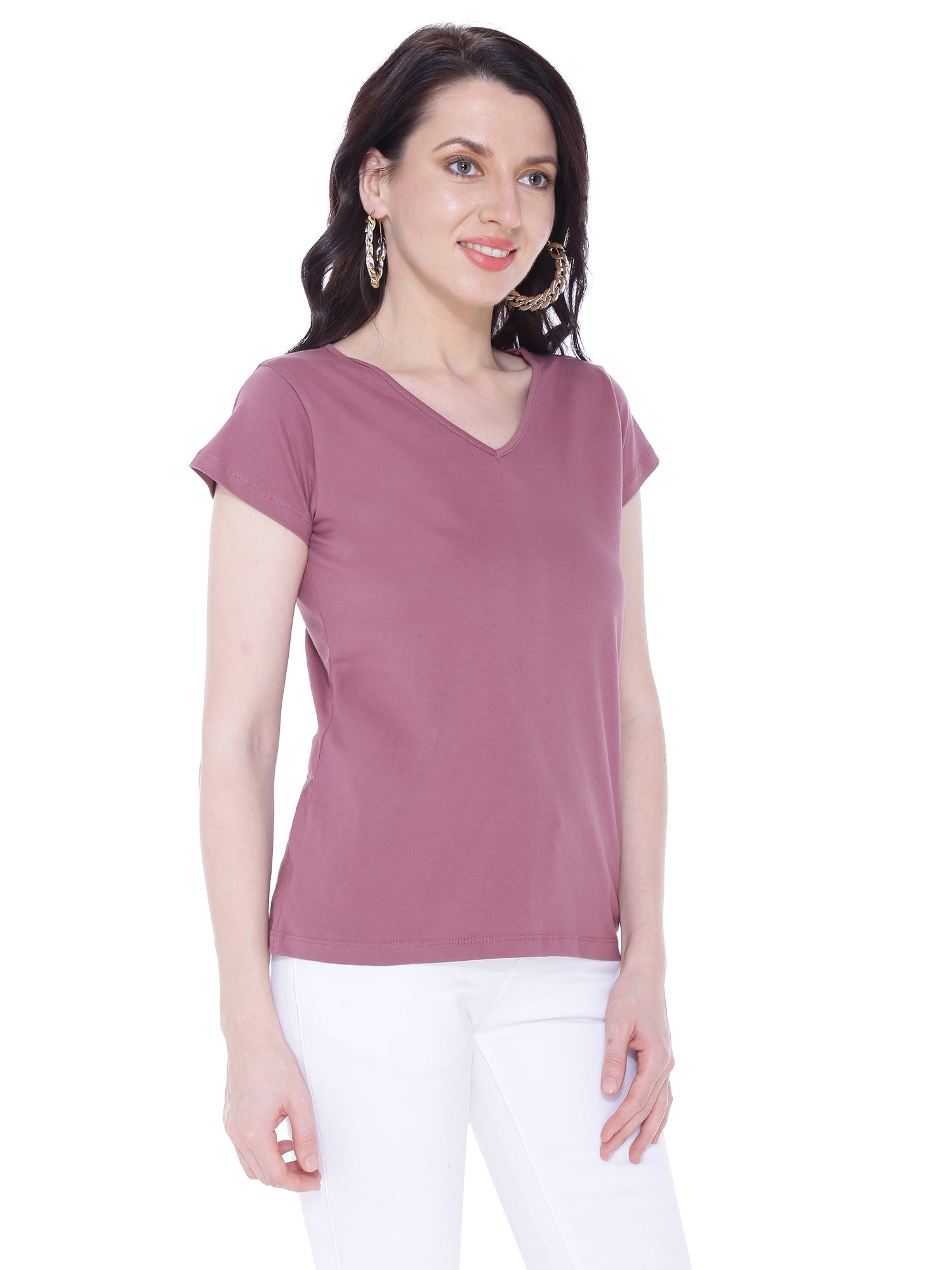 Autumn Hues Women Mauve V-Neck Cotton T-shirt