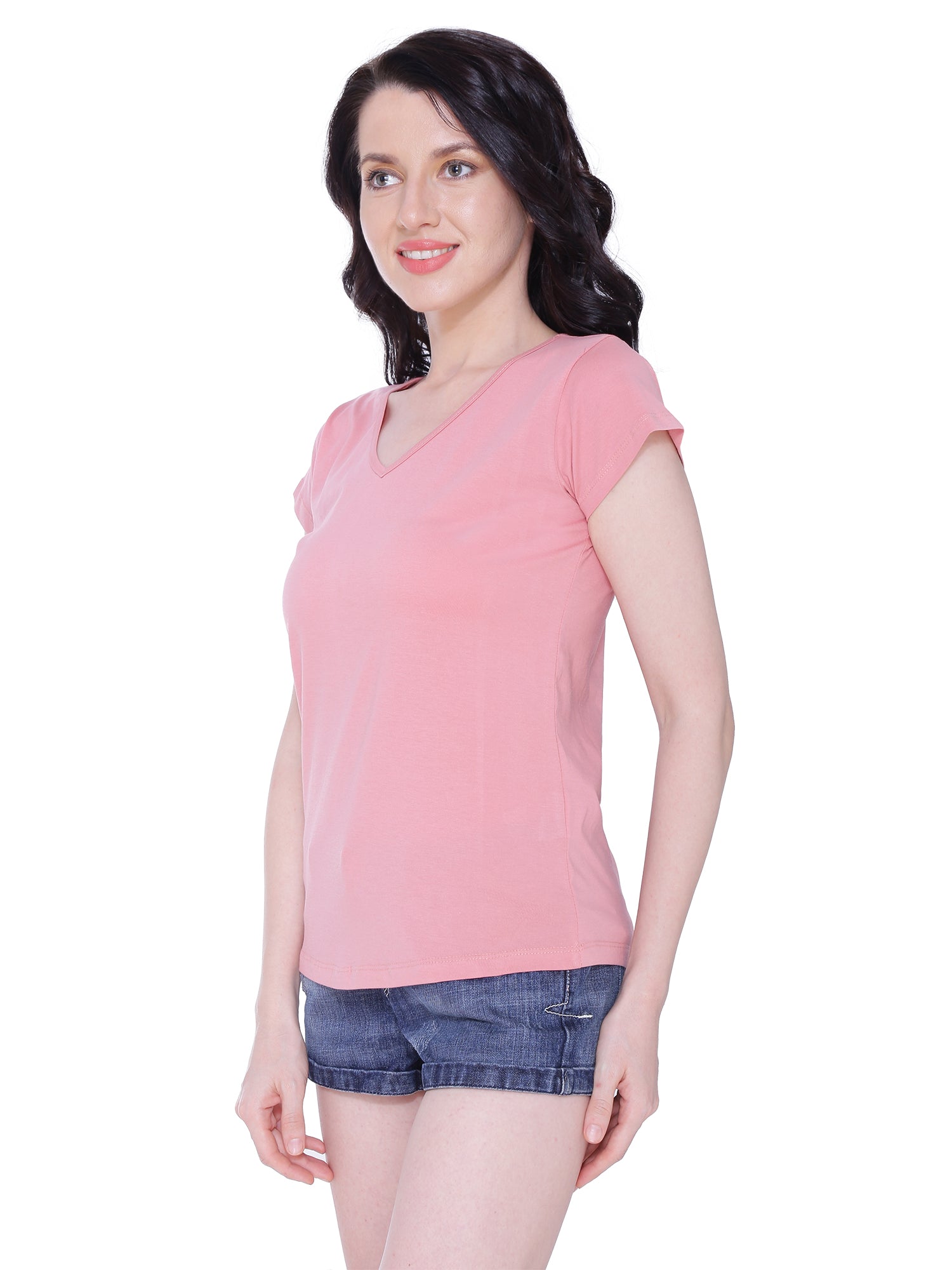 Autumn Hues Women Pink V-Neck Cotton T-shirt
