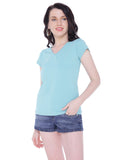 Autumn Hues Women Teal V-Neck Cotton T-shirt