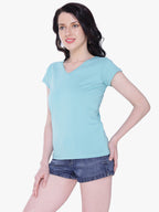 Autumn Hues Women Teal V-Neck Cotton T-shirt