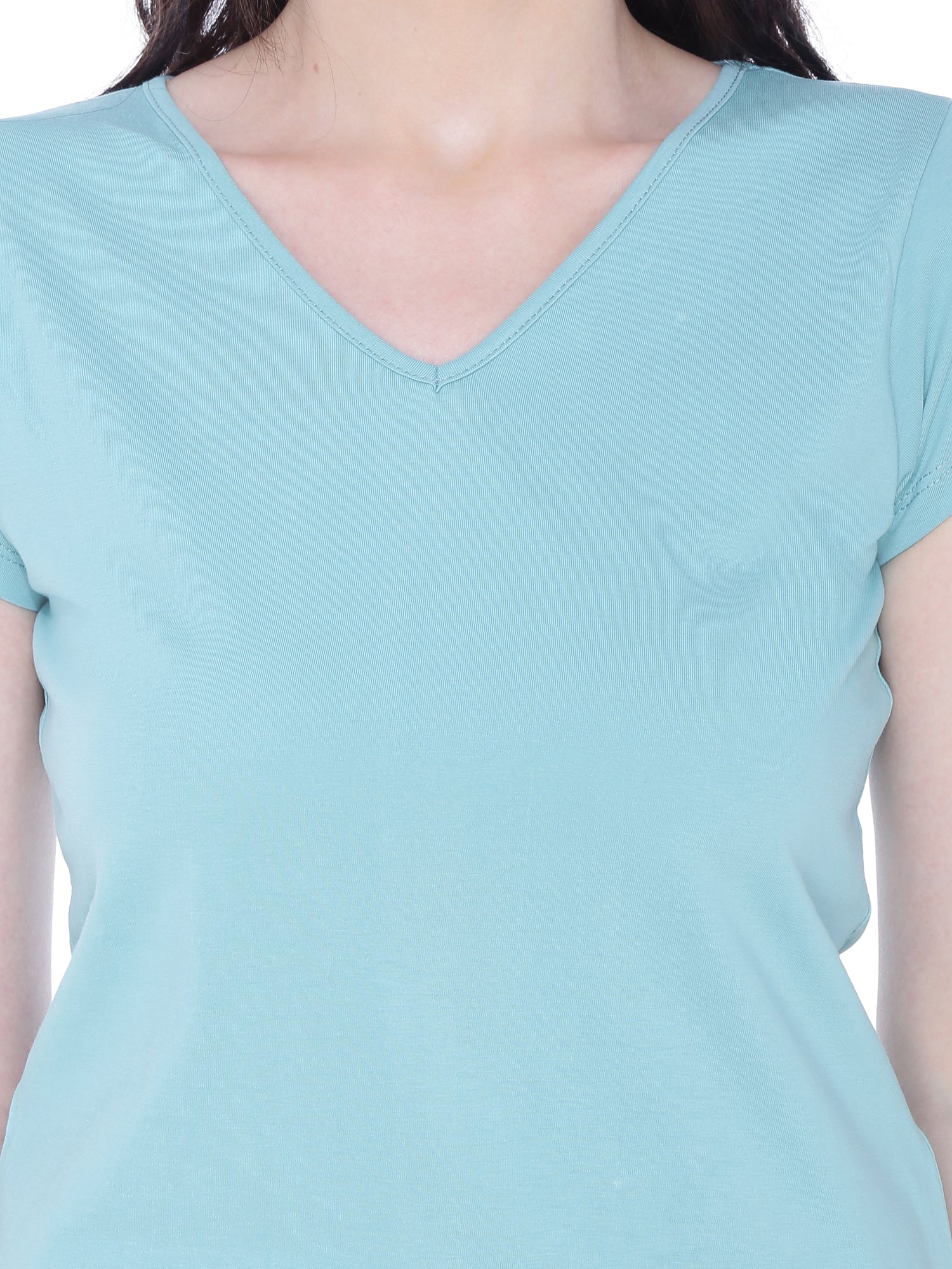 Autumn Hues Women Teal V-Neck Cotton T-shirt