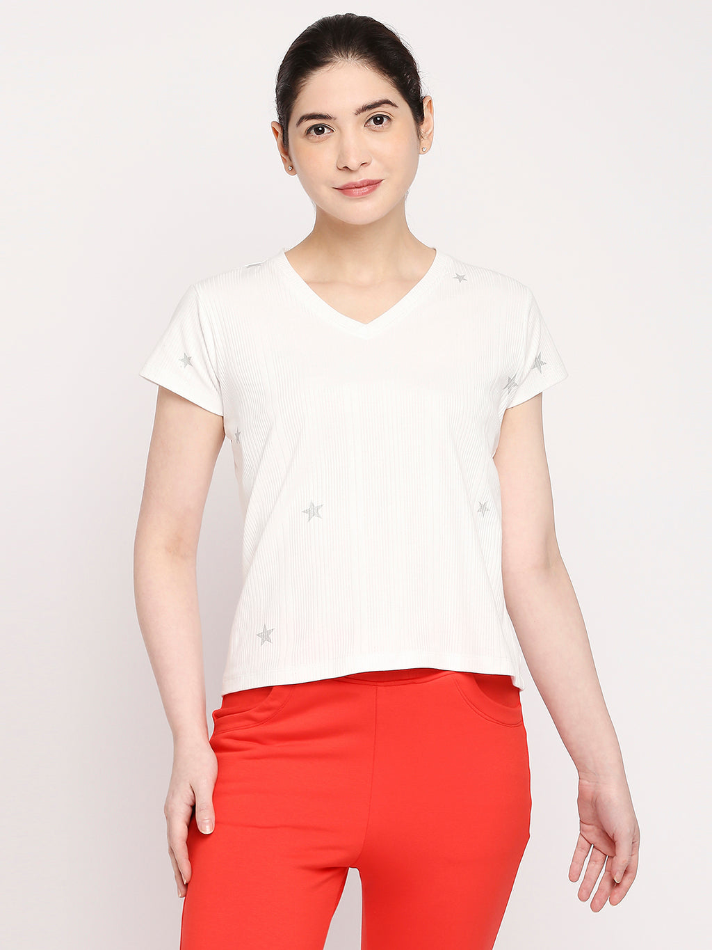 Autumn Hues Women White V-Neck Cotton T-shirt