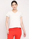 Autumn Hues Women White V-Neck Cotton T-shirt